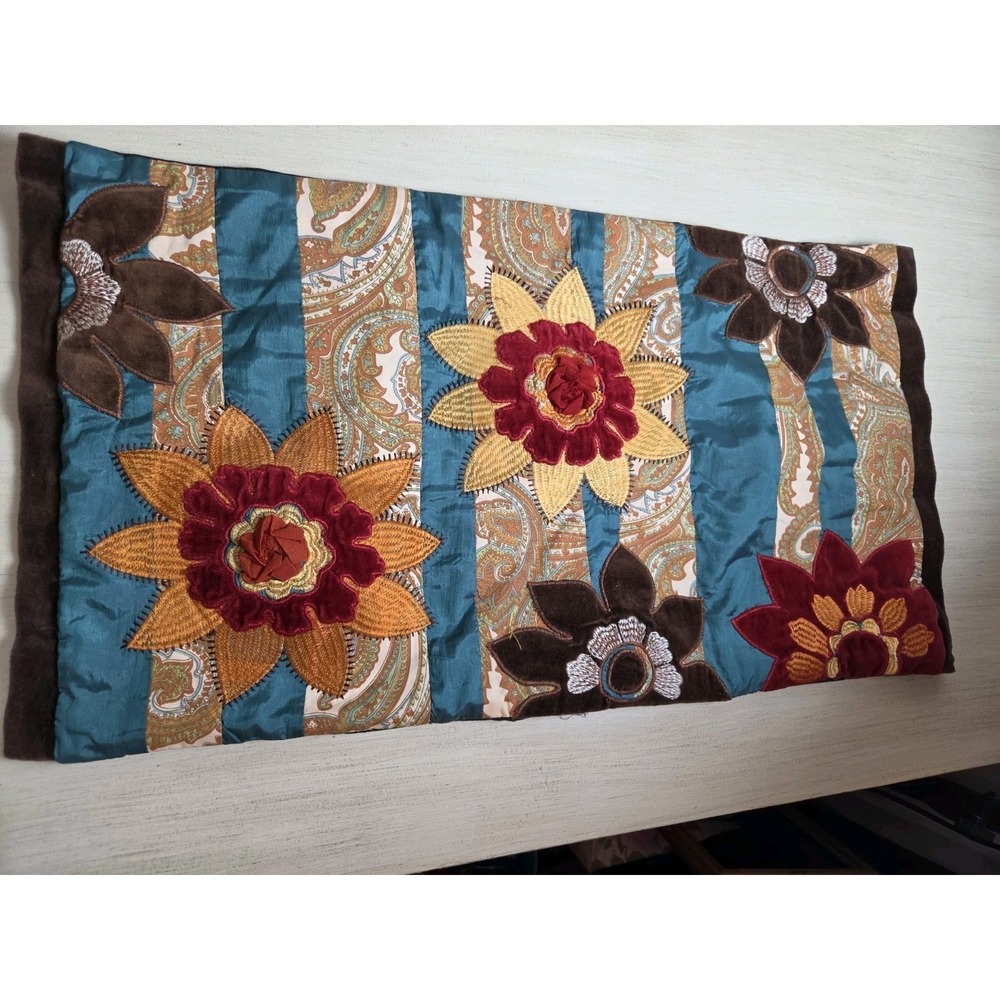 Pier 1 Pillowcover Rectangle Rust Teal Gold Velvet Floral Applicay 14X24 Boho